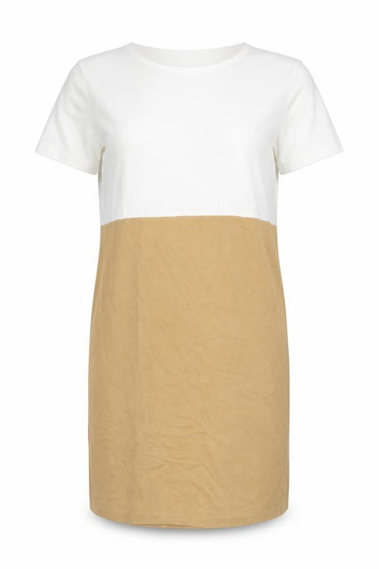 L'Ultima Women's Beige White Cotton Colourblock T-Shirt Dress Size S