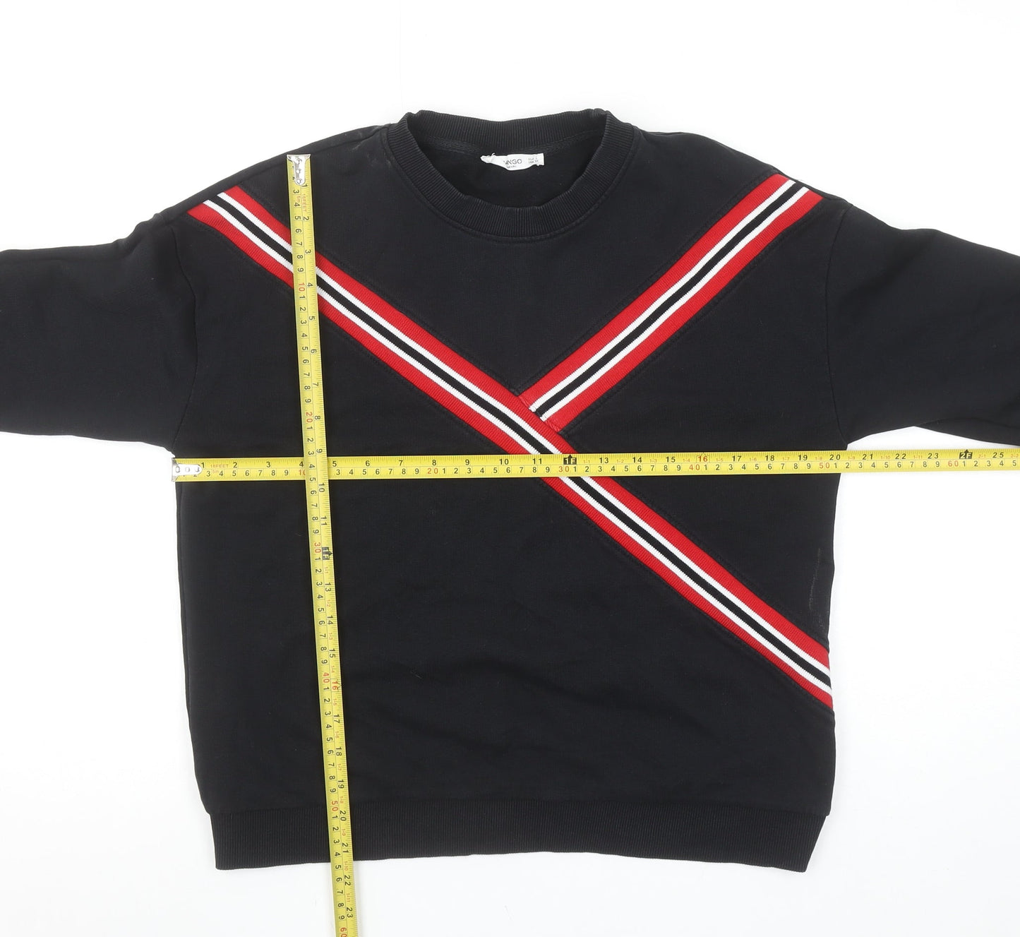 Mango Women Black Red Stripe Crew Neck Pullover Sweatshirt Size S