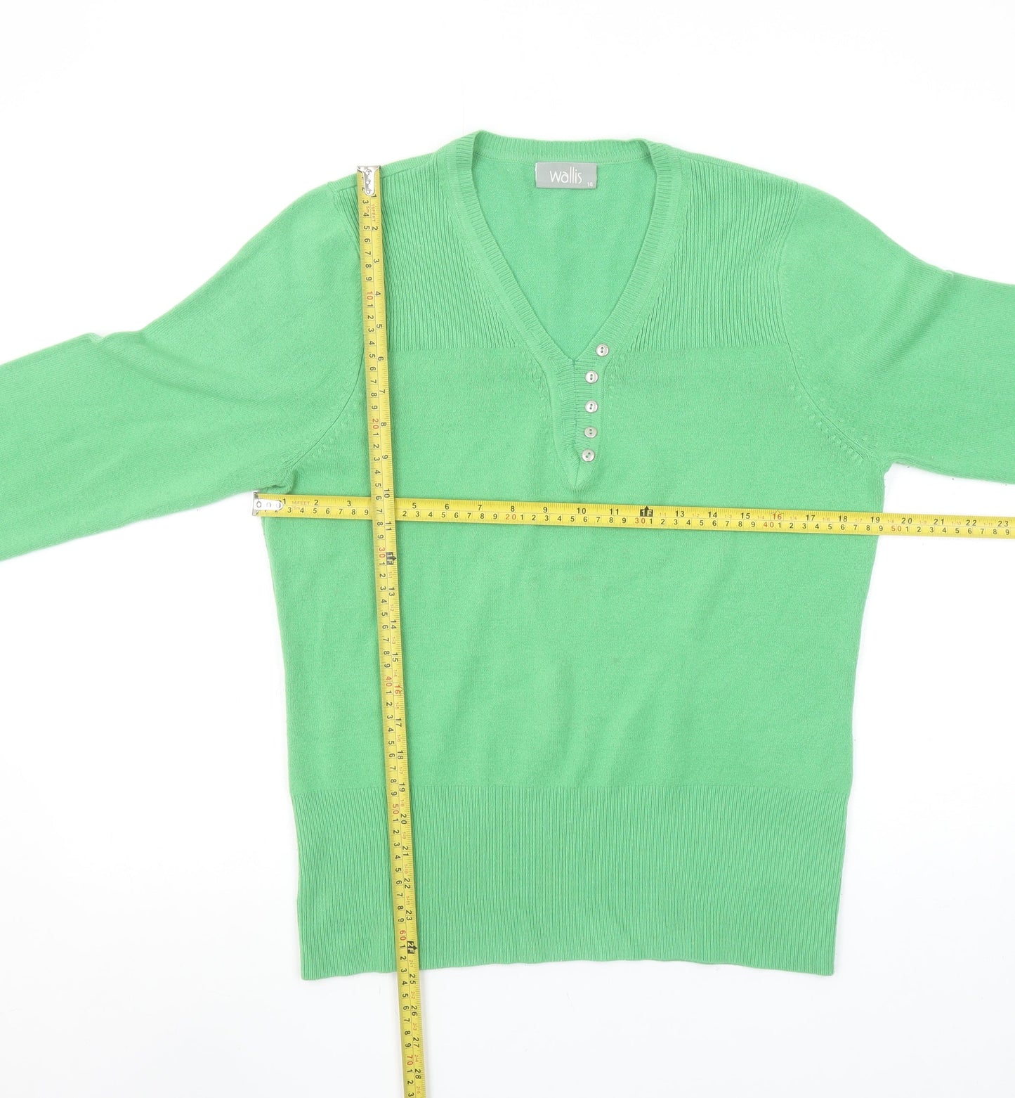 Wallis Women's Green V-Neck Henley Jumper Size 14
