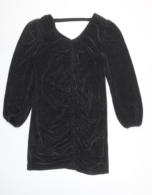 Wallis Women’s Black Glitter Ruched Bodycon Knee Length Dress Size 14