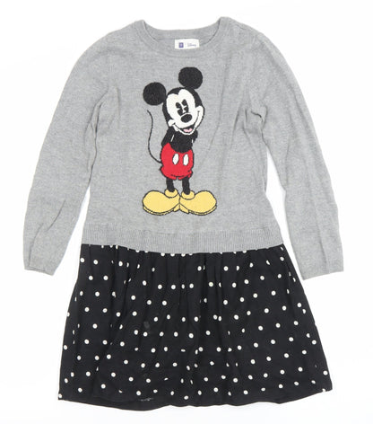 Gap Disney Girls Grey Mickey Mouse Jumper Dress 8-9 Years Knit Polka Dot
