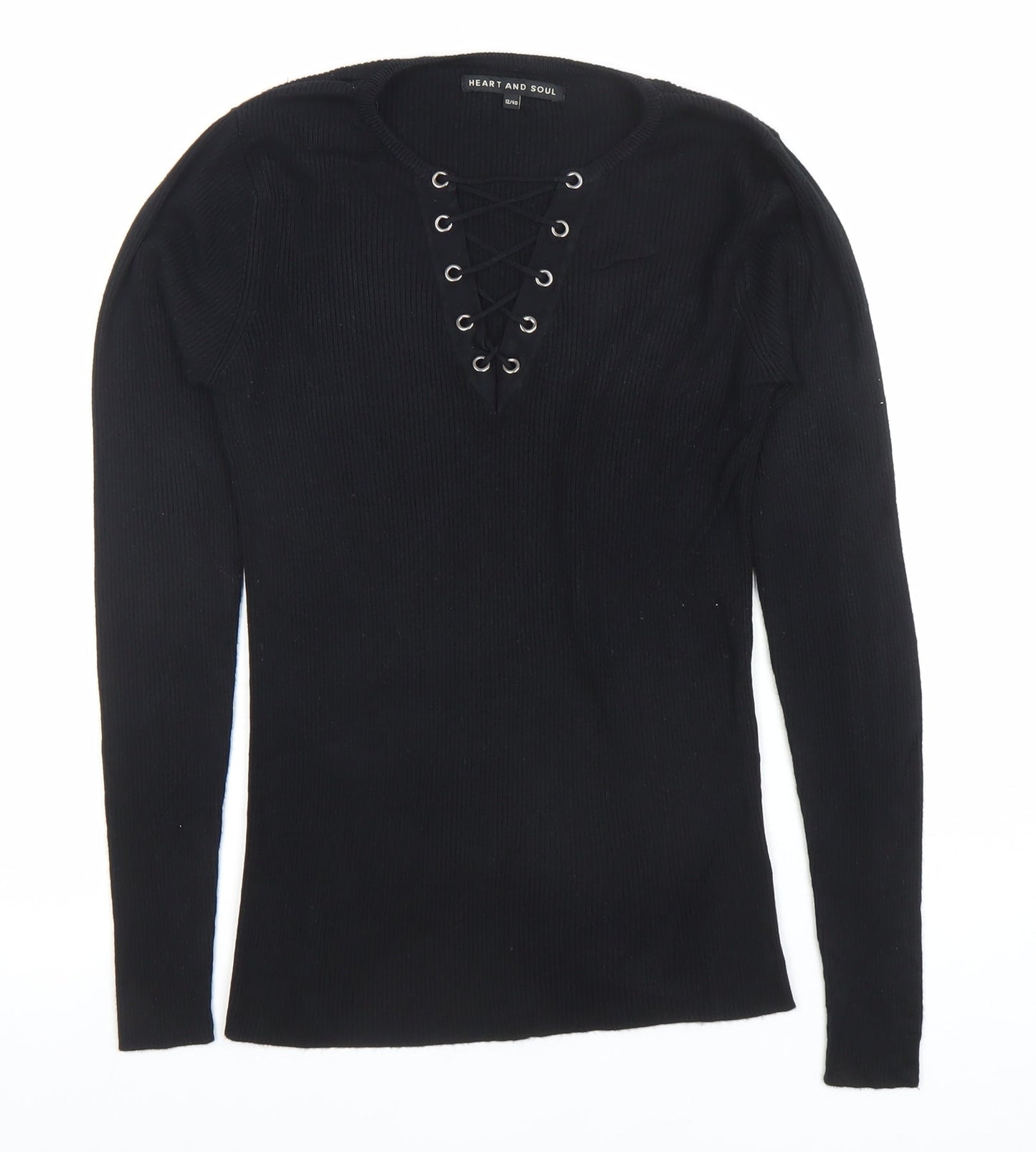Heart and Soul Women’s Black V-Neck Lace-Up Ribbed Jumper Size 12
