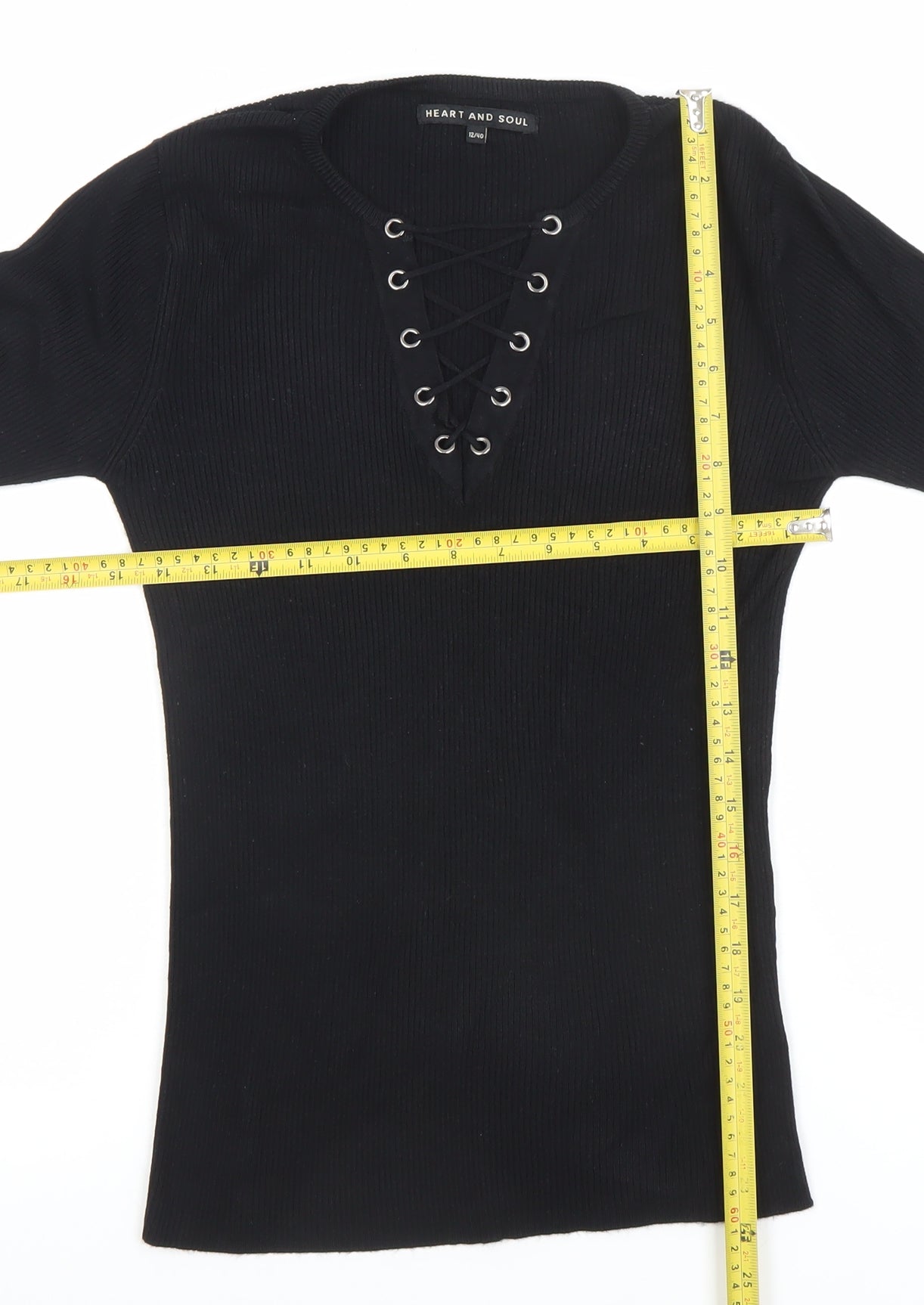 Heart and Soul Women’s Black V-Neck Lace-Up Ribbed Jumper Size 12