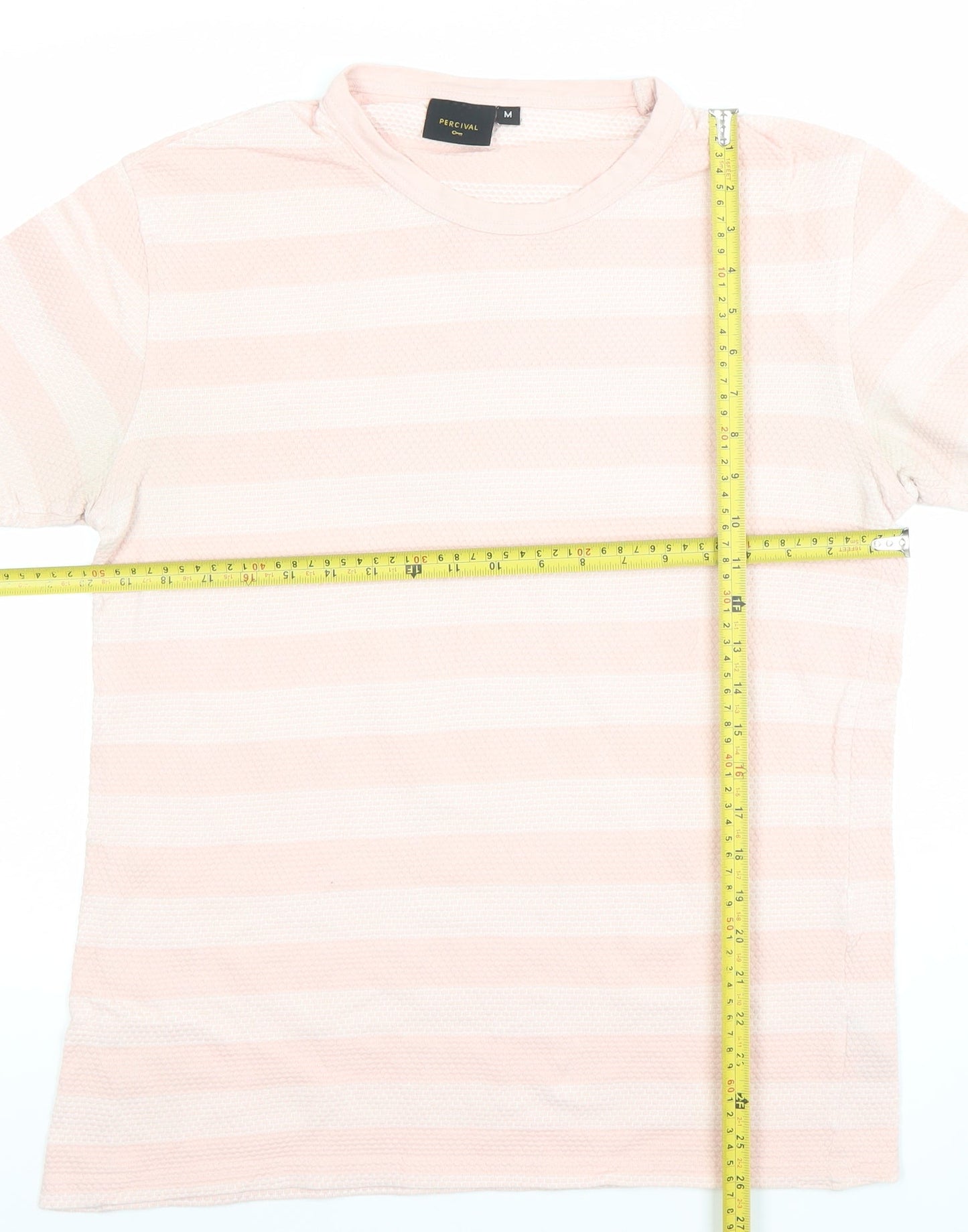 Percival Men's Pink and White Striped Crew Neck Cotton T-Shirt Size M