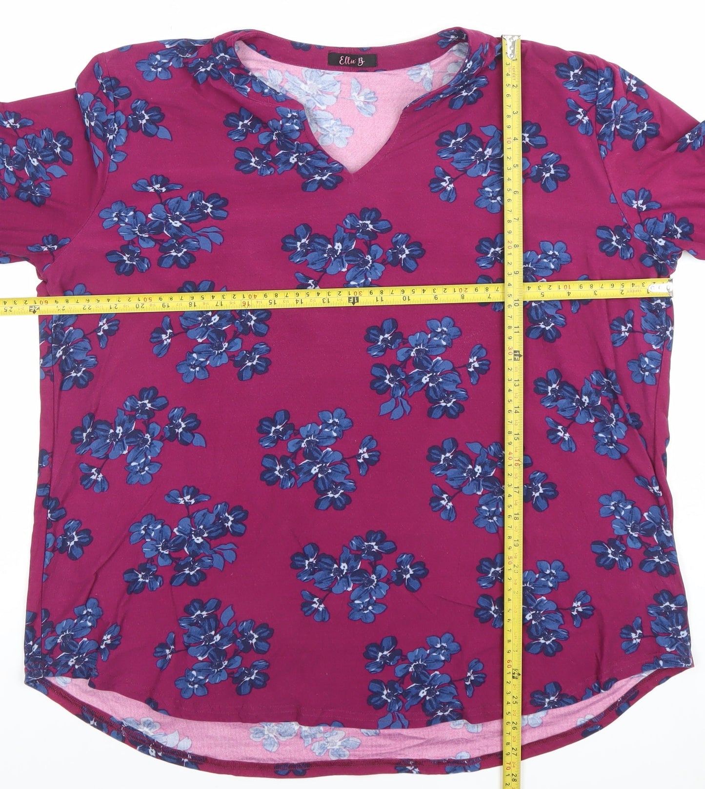 Elle B Women's Pink Floral Tunic Blouse Size L 3/4 Sleeve V-Neck