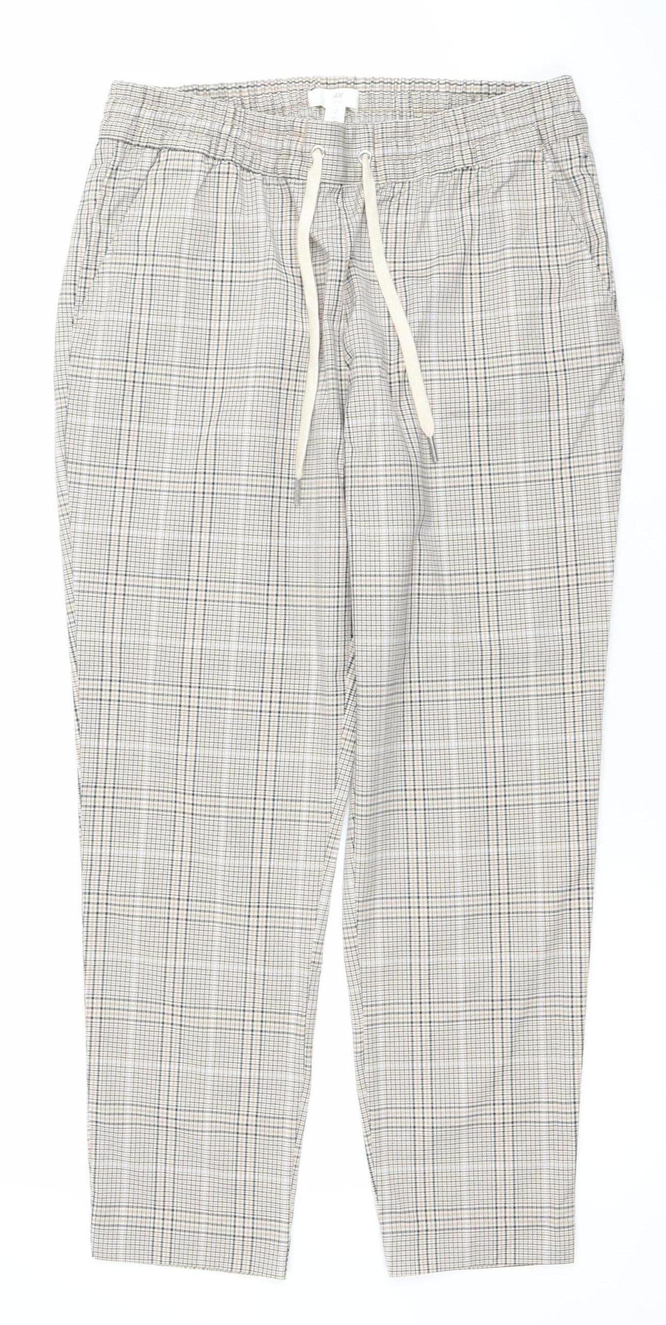 H&M Women Beige Check Drawstring Trousers Size 12 Regular Fit