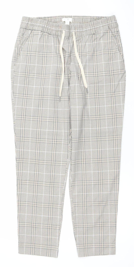 H&M Women Beige Check Drawstring Trousers Size 12 Regular Fit