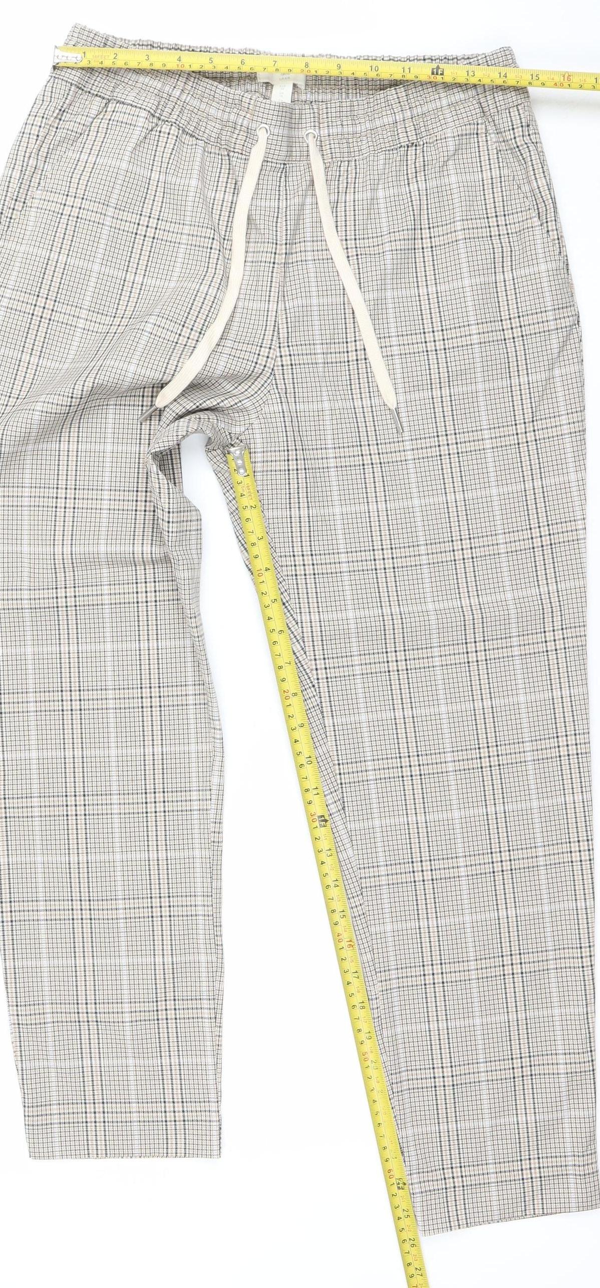 H&M Women Beige Check Drawstring Trousers Size 12 Regular Fit