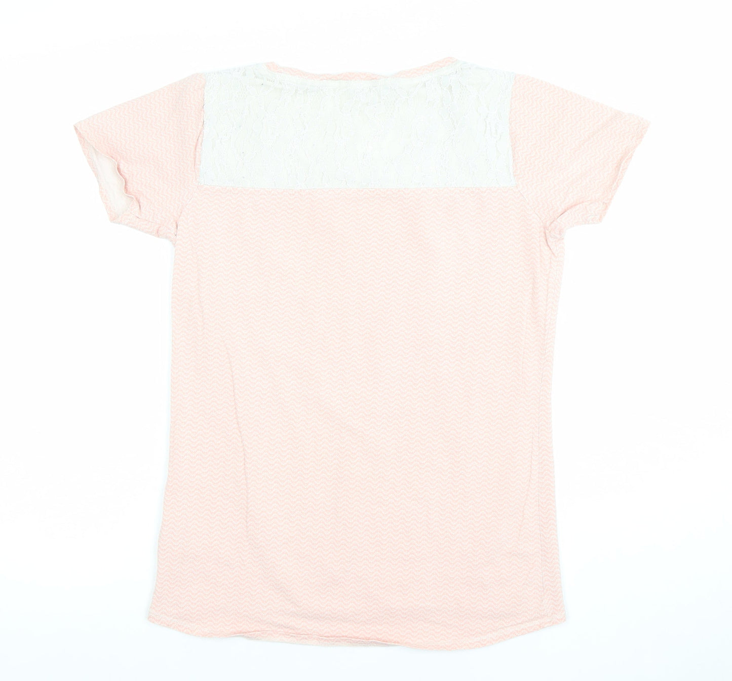 FatFace Women Pink Lace Panel Short Sleeve Cotton T-Shirt Size 10