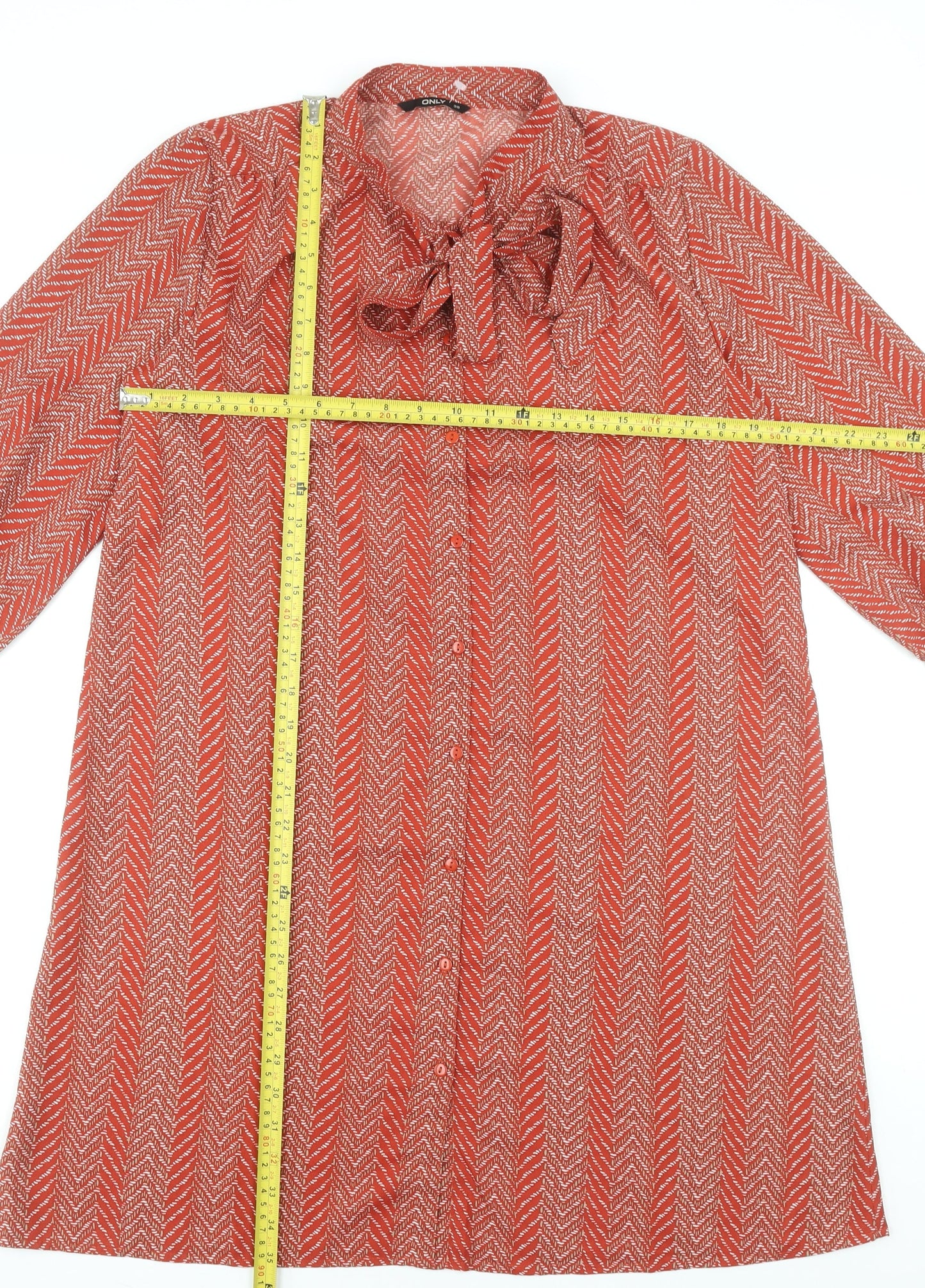 ONLY Women Red Chevron Shift Dress Size 10 Bow Neck 3/4 Sleeve