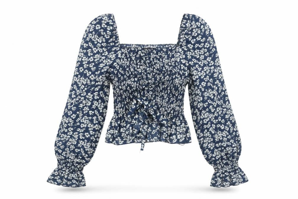 Jolio & Co Women's Blue Floral Cropped Blouse Size S Long Puff Sleeve