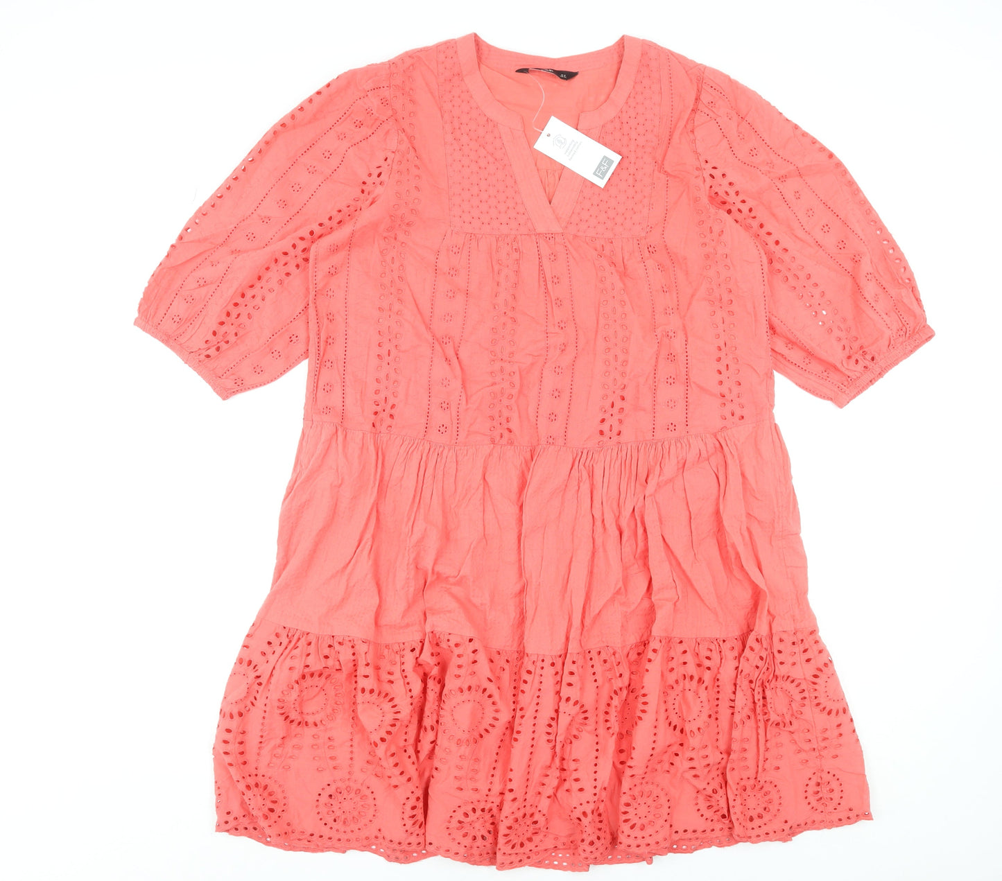 F&F Women’s Pink Cotton Embroidered V-Neck Knee Length Dress Size 12
