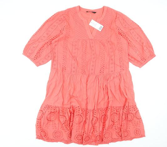 F&F Women’s Pink Cotton Embroidered V-Neck Knee Length Dress Size 12