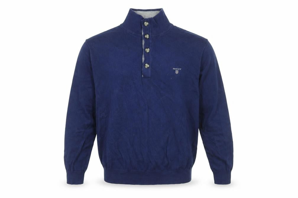 GANT Men’s Blue Cotton Henley Jumper L High Neck Classic Knit