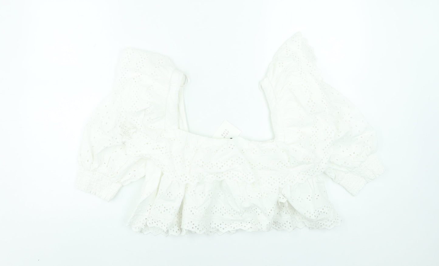 Zara Women White Cotton Cropped Puff Sleeve Ruffle Blouse M