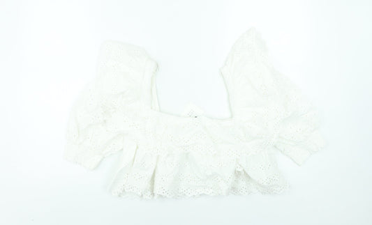 Zara Women White Cotton Cropped Puff Sleeve Ruffle Blouse M