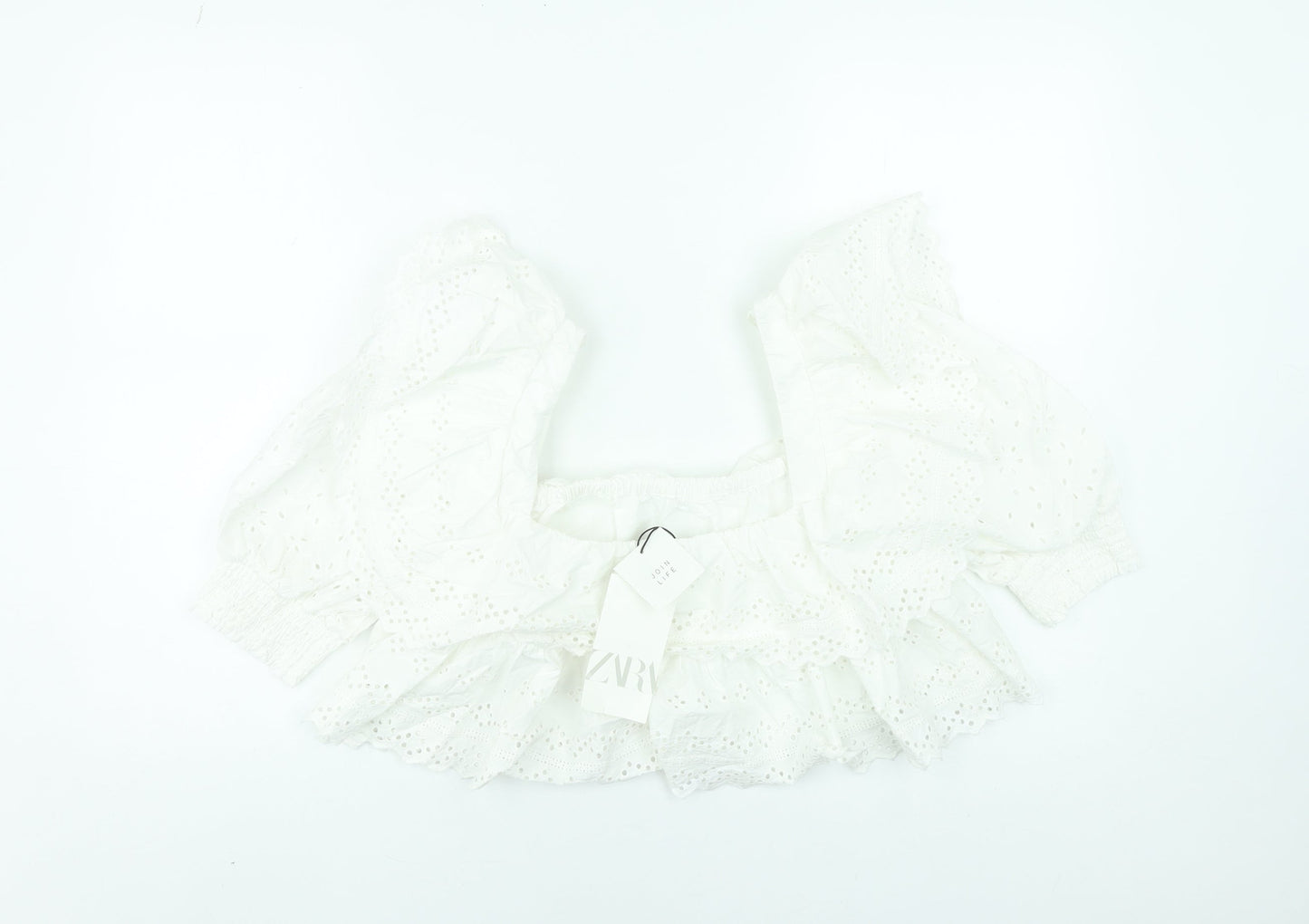 Zara Women White Cotton Cropped Puff Sleeve Ruffle Blouse M