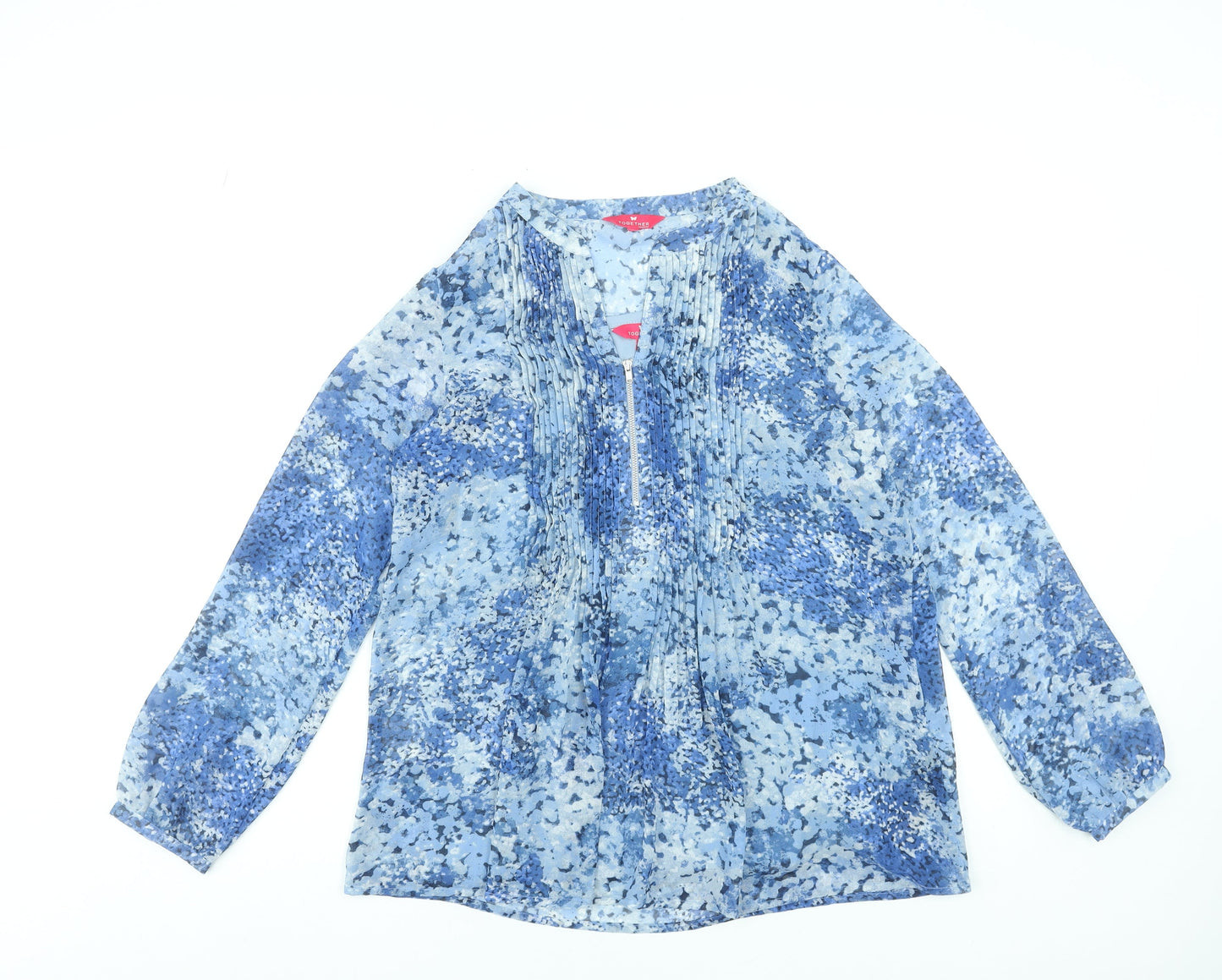 Together Womens Blue Floral Pleated Long Sleeve Tunic Blouse Size 10