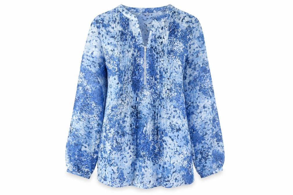 Together Womens Blue Floral Pleated Long Sleeve Tunic Blouse Size 10