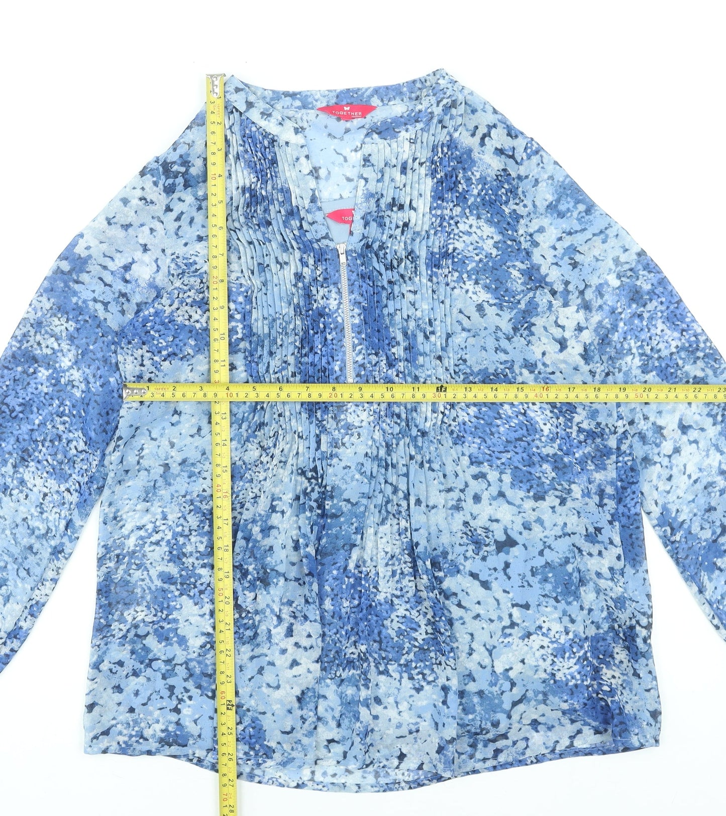 Together Womens Blue Floral Pleated Long Sleeve Tunic Blouse Size 10