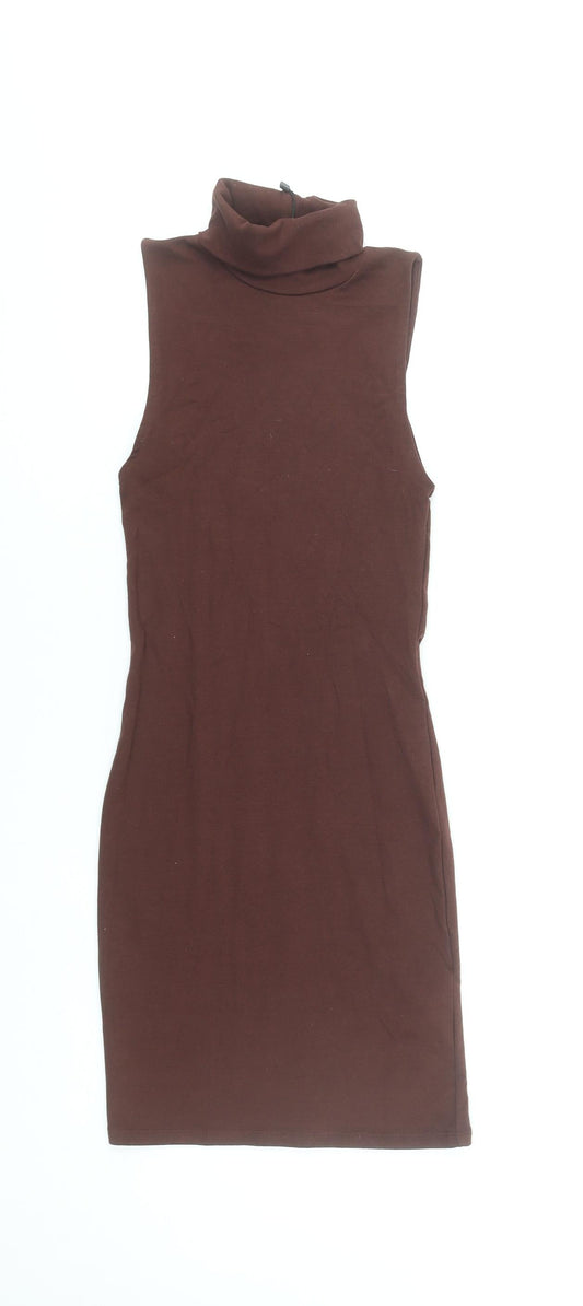Zara Women Brown Sleeveless Roll Neck Bodycon Knee Length Dress S