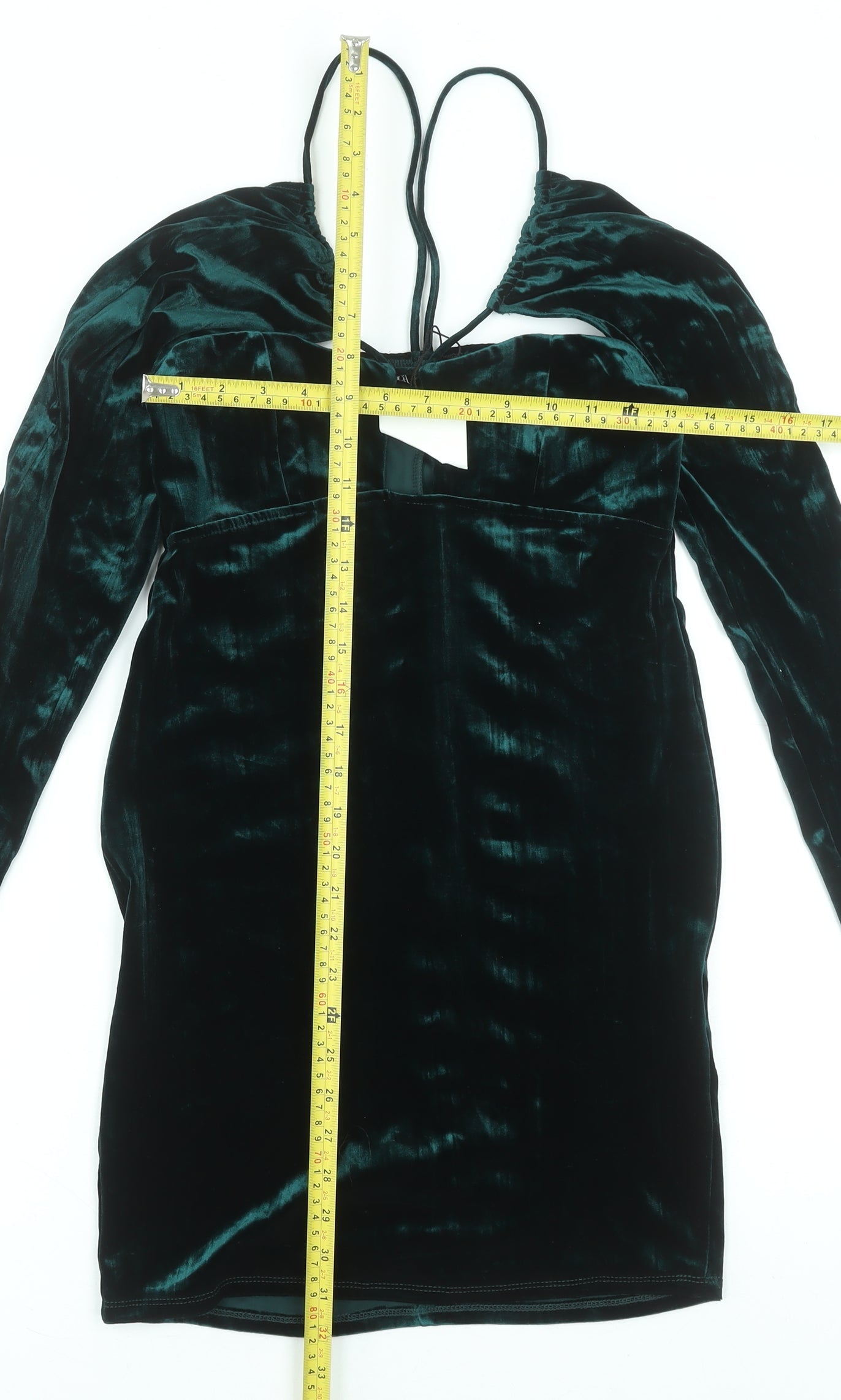 ZARA Women Green Velvet Bodycon Short Dress Size S Long Sleeve Partywear