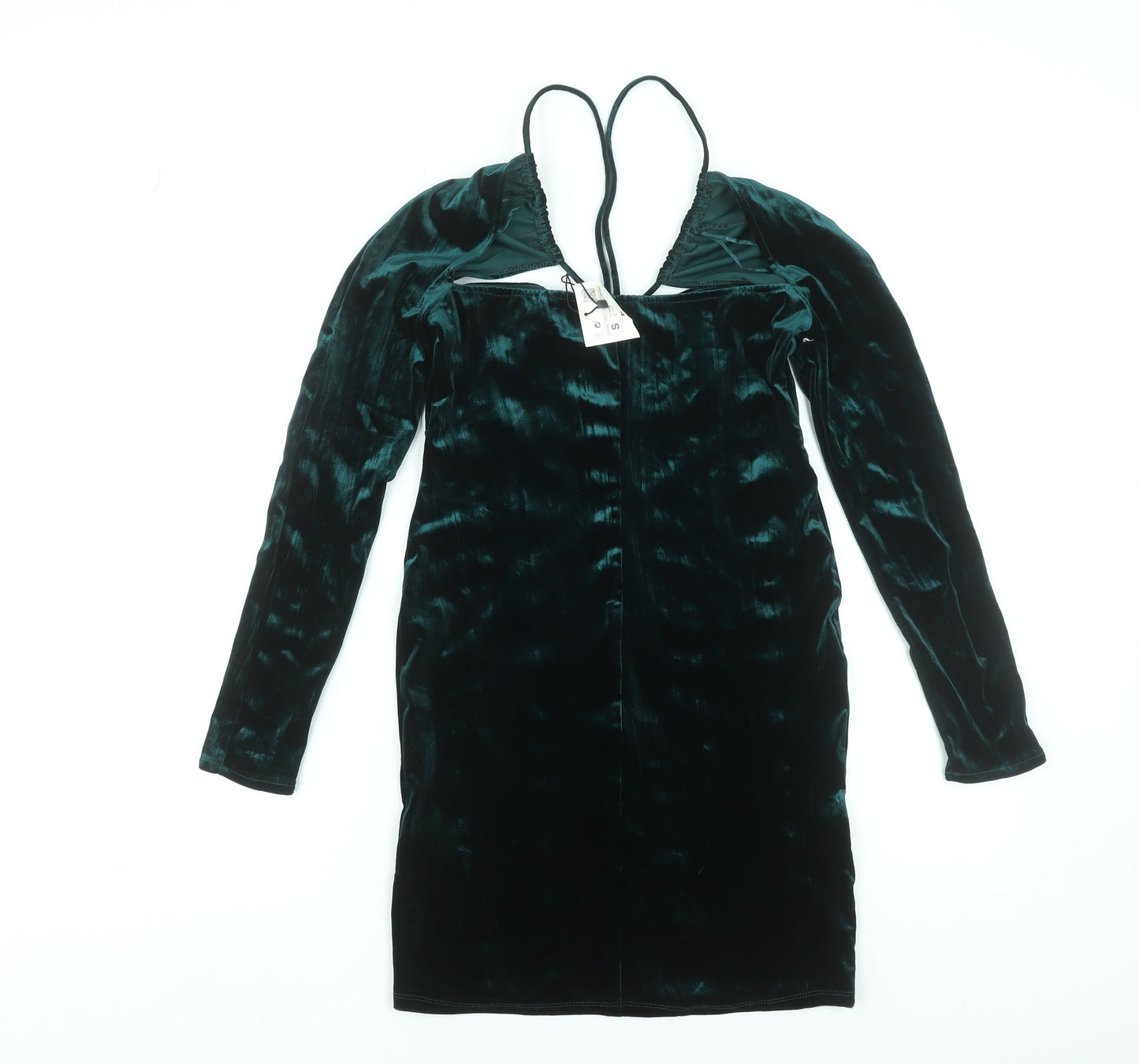 ZARA Women Green Velvet Bodycon Short Dress Size S Long Sleeve Partywear