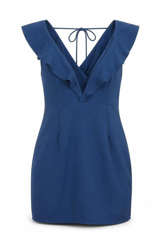 Motel Rocks Women’s Blue Short Ruffle V-Neck Bodycon Dress Size S