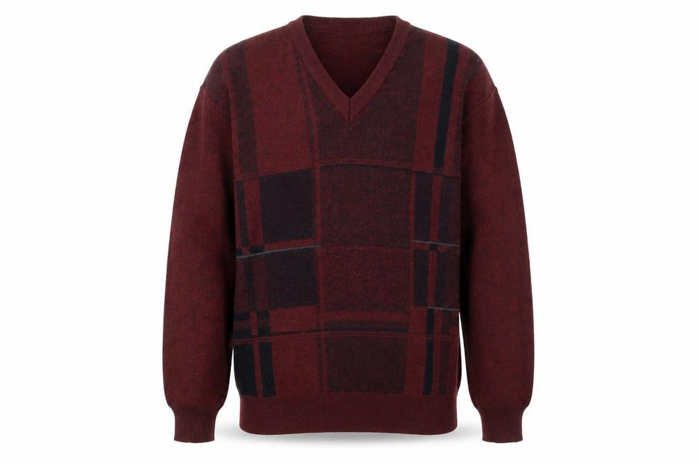 PierPoint Mens Red Check V-Neck Wool Blend Pullover Jumper XL