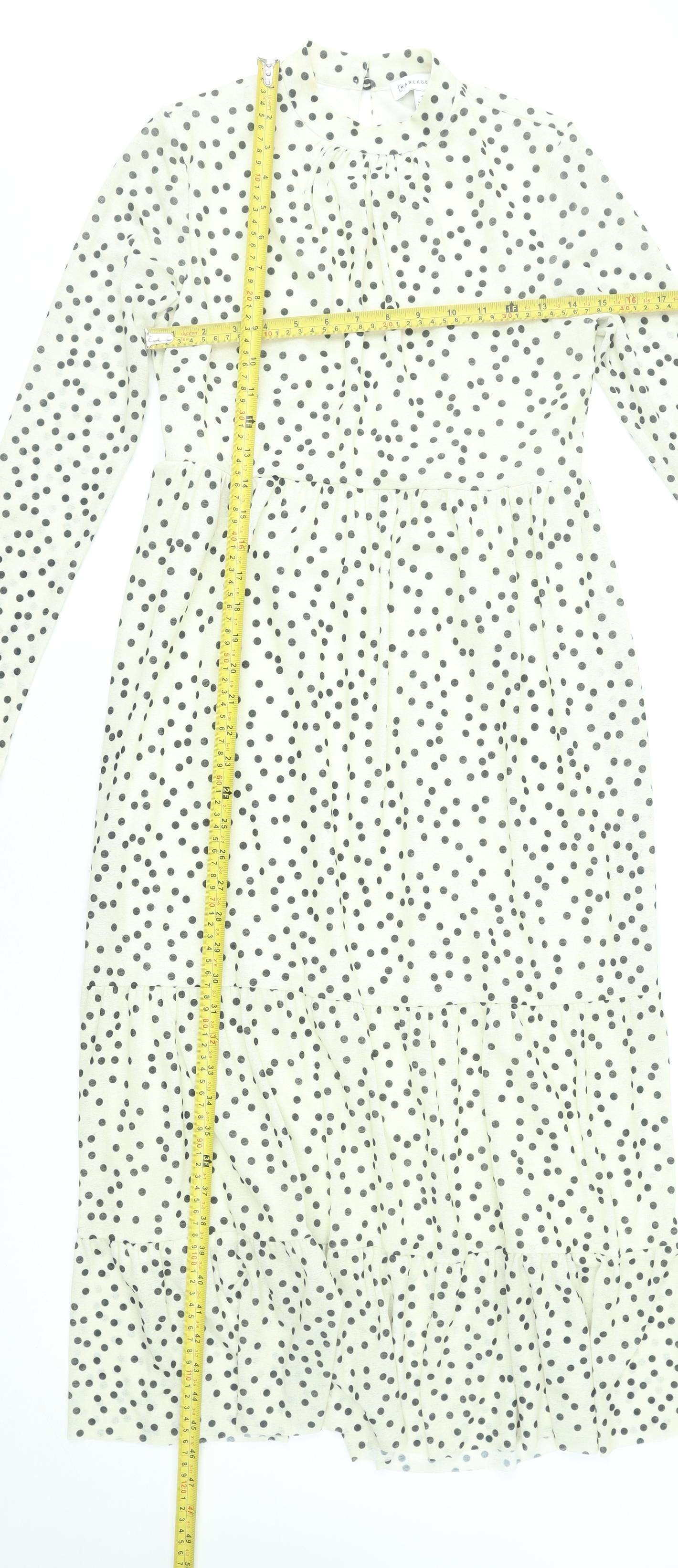Warehouse Women’s White Polka Dot Midi Fit & Flare Dress Size 8