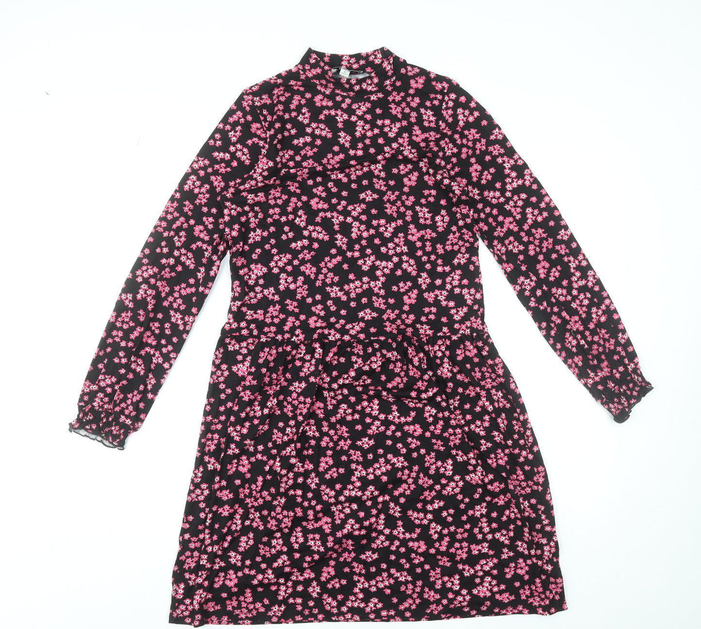 Warehouse Women Black Pink Floral Long Sleeve A-Line Dress Size 6