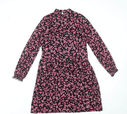 Warehouse Women Black Pink Floral Long Sleeve A-Line Dress Size 6