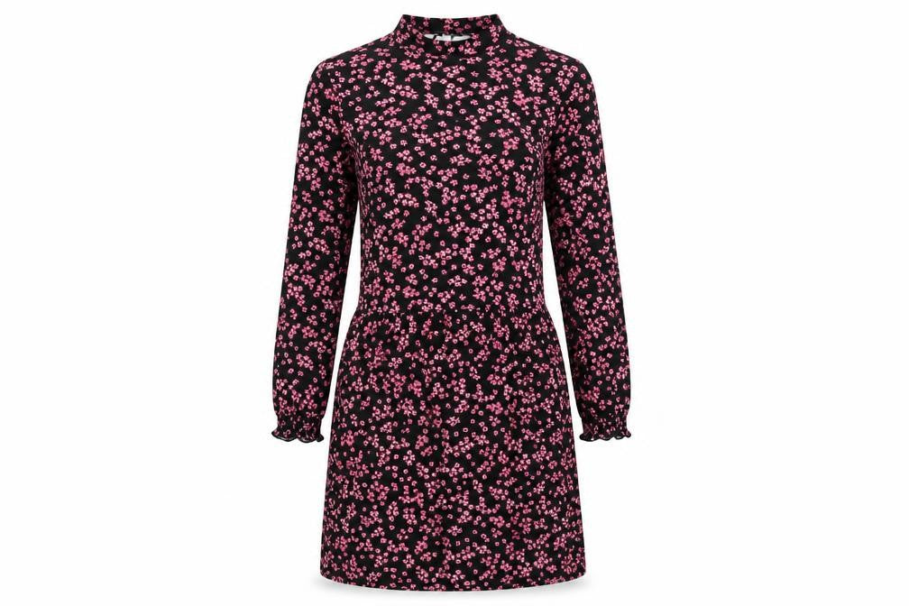 Warehouse Women Black Pink Floral Long Sleeve A-Line Dress Size 6