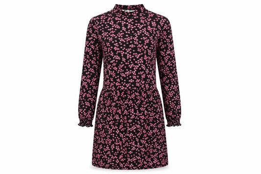 Warehouse Women Black Pink Floral Long Sleeve A-Line Dress Size 6