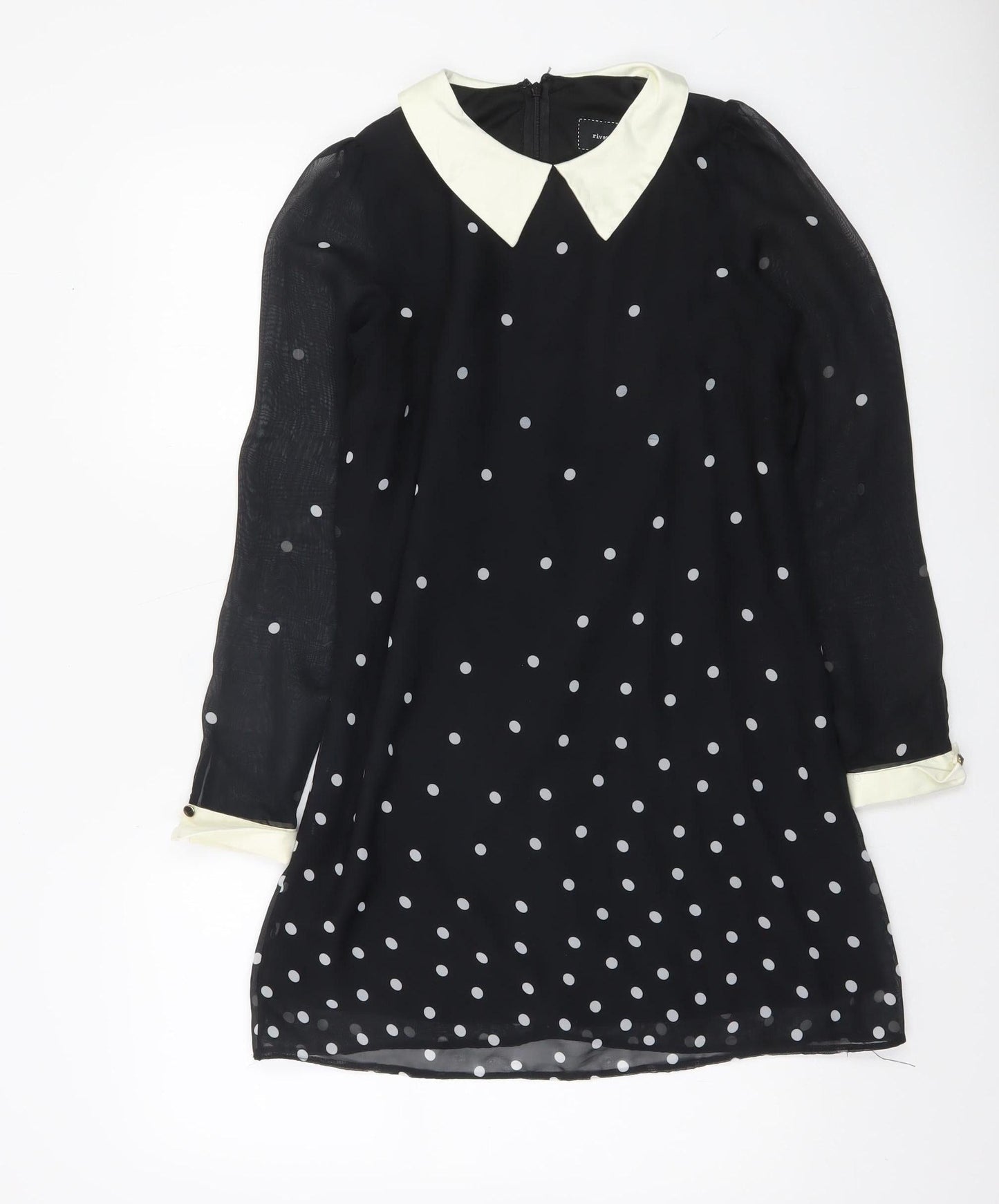 River Island Women’s Black Polka Dot Shift Dress Size 10 Long Sleeve Collared