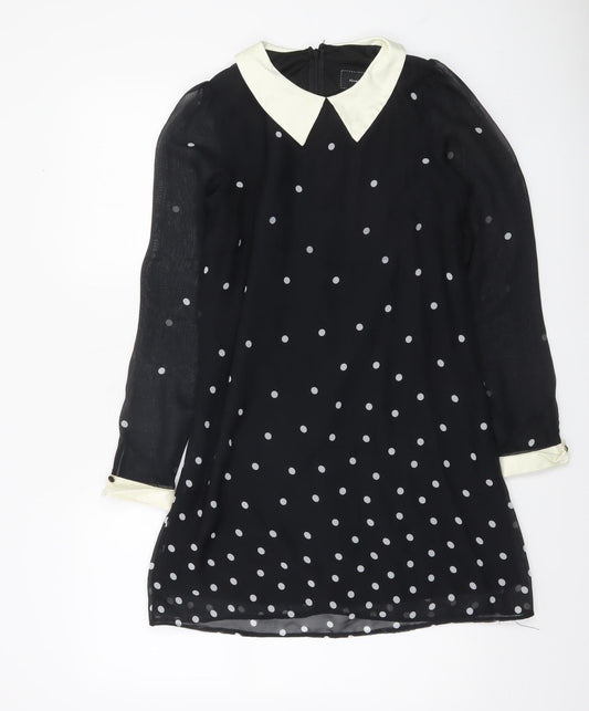 River Island Women’s Black Polka Dot Shift Dress Size 10 Long Sleeve Collared