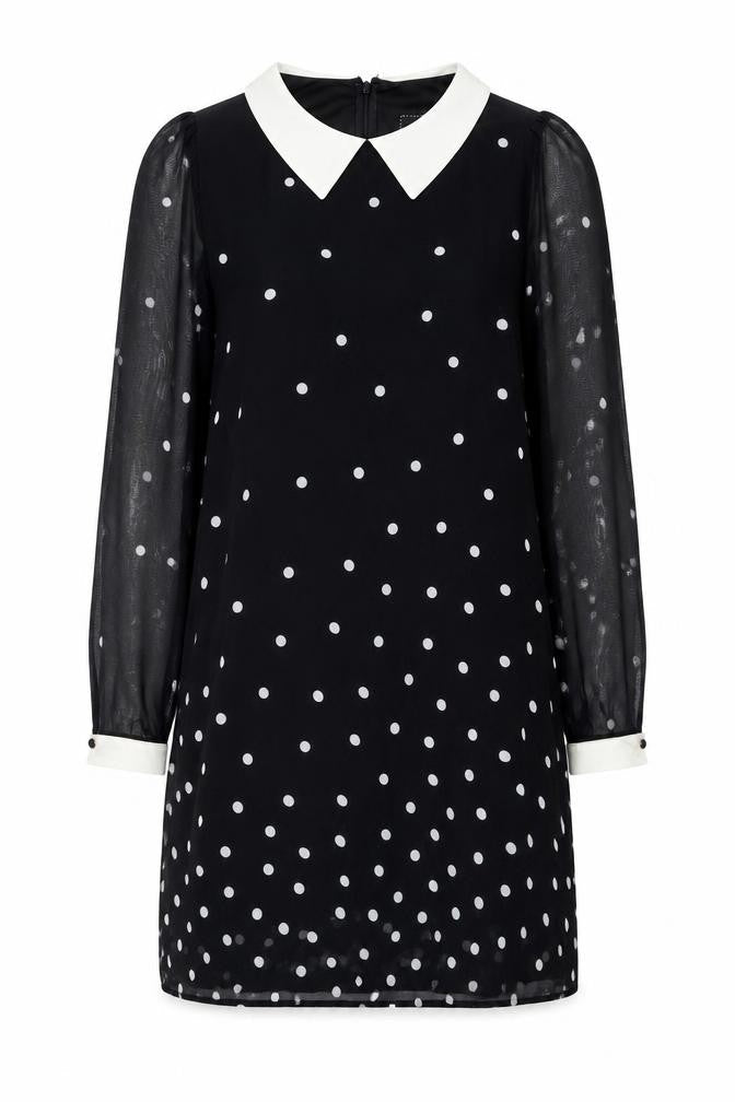 River Island Women’s Black Polka Dot Shift Dress Size 10 Long Sleeve Collared