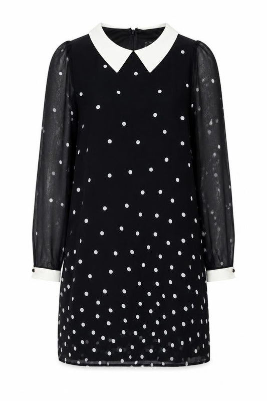 River Island Women’s Black Polka Dot Shift Dress Size 10 Long Sleeve Collared