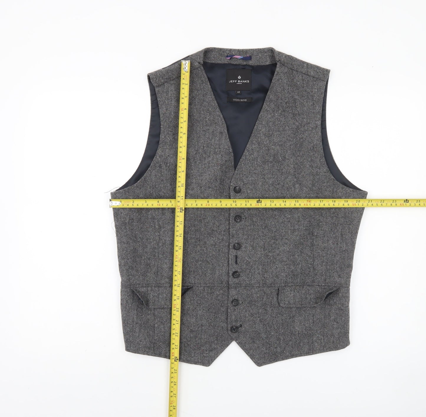 Jeff Banks Men Grey Wool Blend Tweed Waistcoat Size 42 Regular