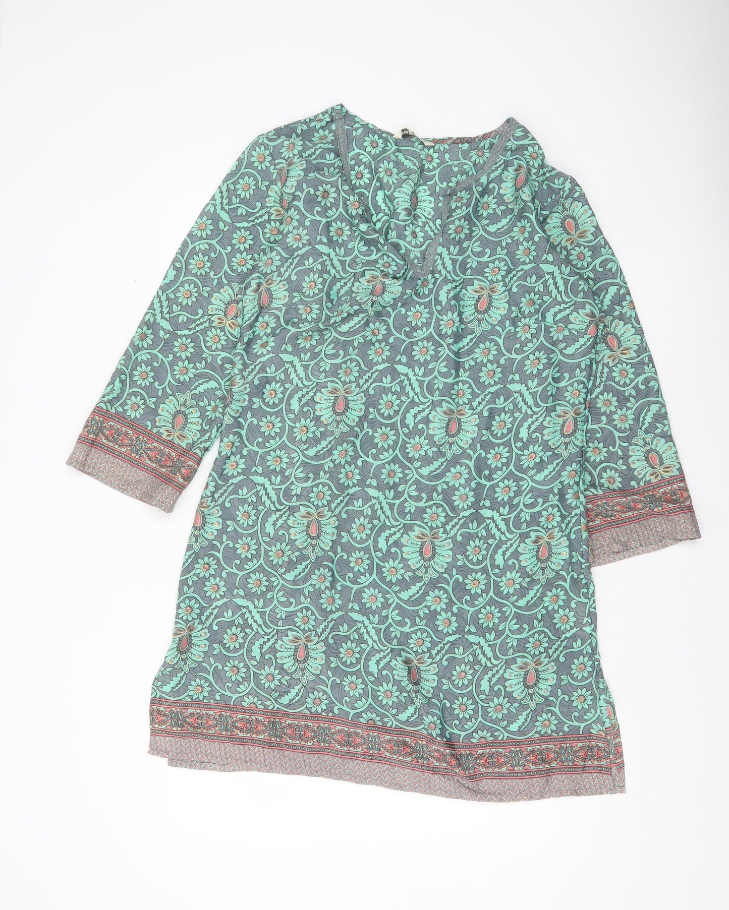 Natura Women Green Floral Shift Dress M 3/4 Sleeve Bohemian V-Neck