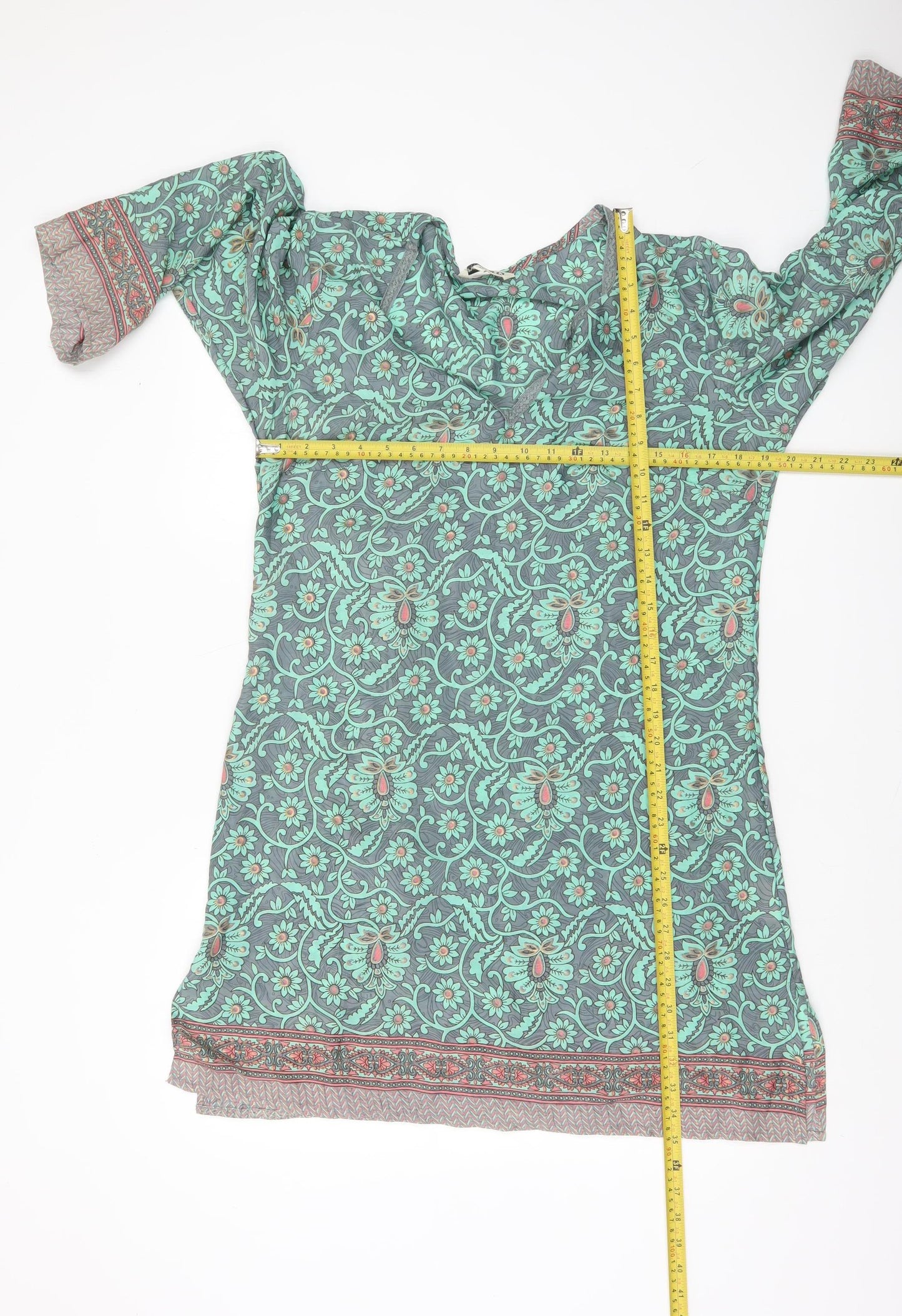 Natura Women Green Floral Shift Dress M 3/4 Sleeve Bohemian V-Neck