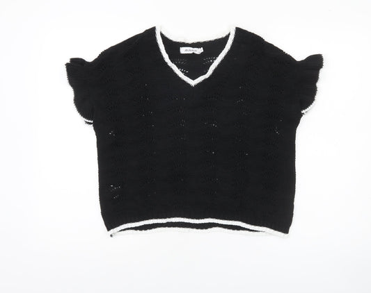 JelisJelis Women's Black V-Neck Knit Short Sleeve Jumper L