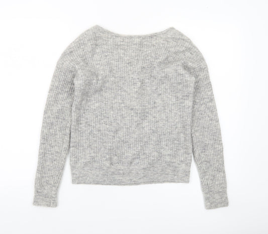 Mint Velvet Womens Grey V-Neck Rib-Knit Lace-Up Bow Jumper XS