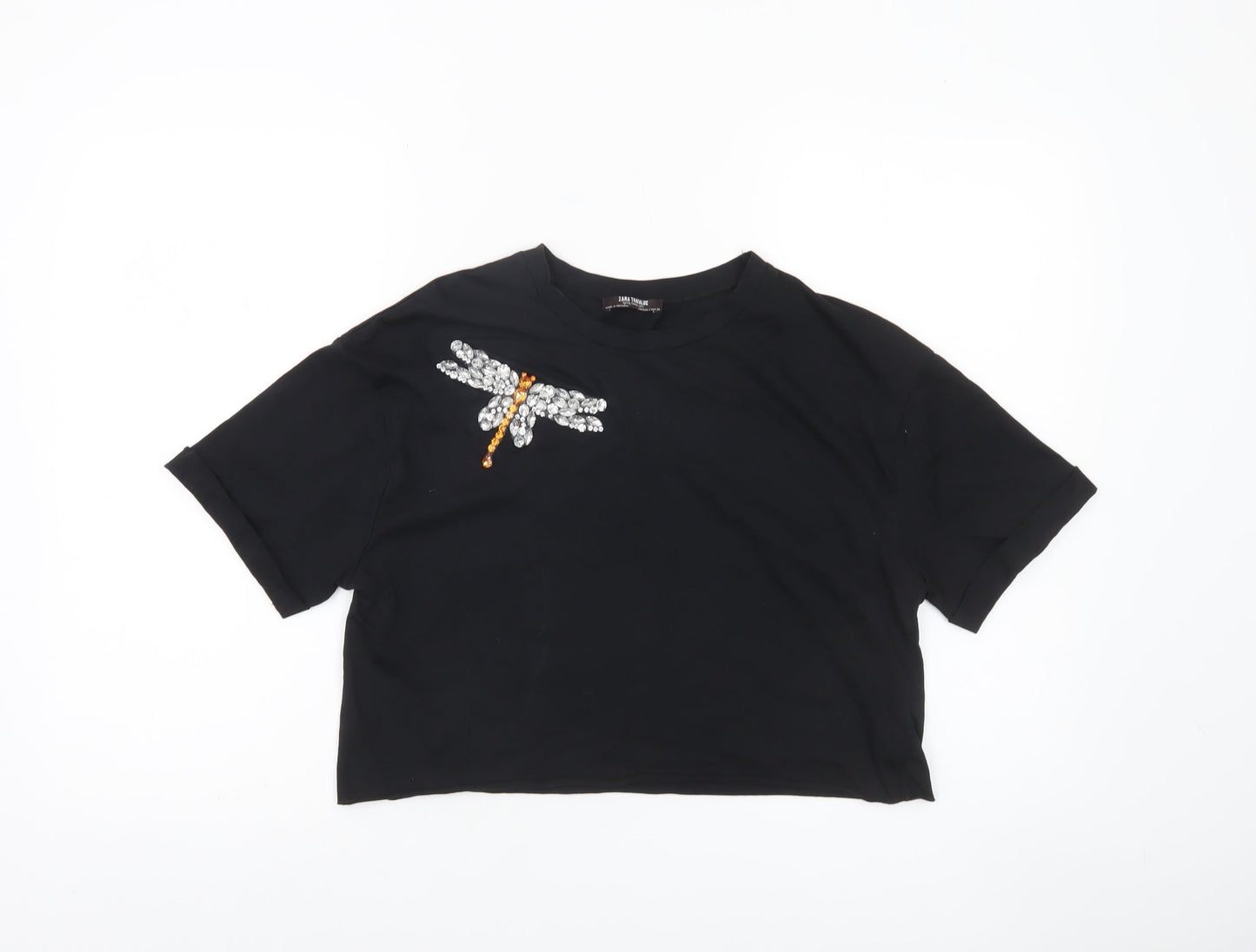 Zara Trafaluc Women's Black Cropped Beaded Dragonfly T-Shirt Size S