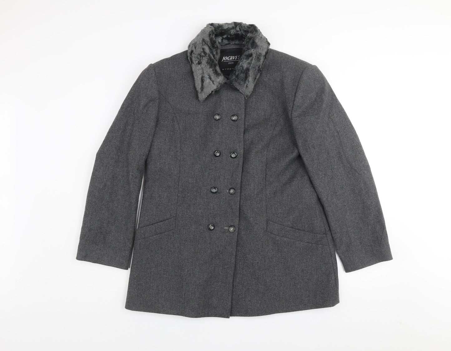 Jocavi Women’s Grey Wool Blend Pea Coat with Faux Fur Collar Size 12