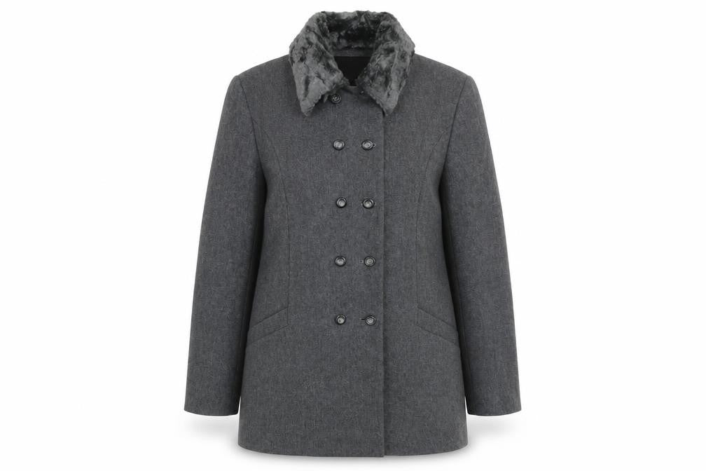 Jocavi Women’s Grey Wool Blend Pea Coat with Faux Fur Collar Size 12