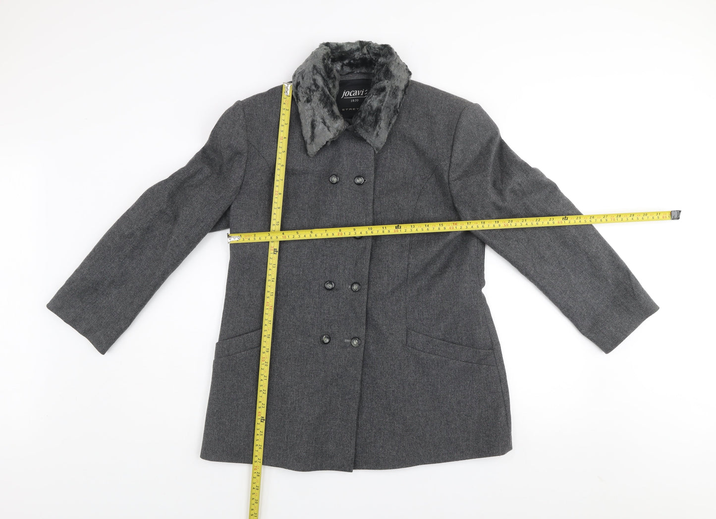 Jocavi Women’s Grey Wool Blend Pea Coat with Faux Fur Collar Size 12