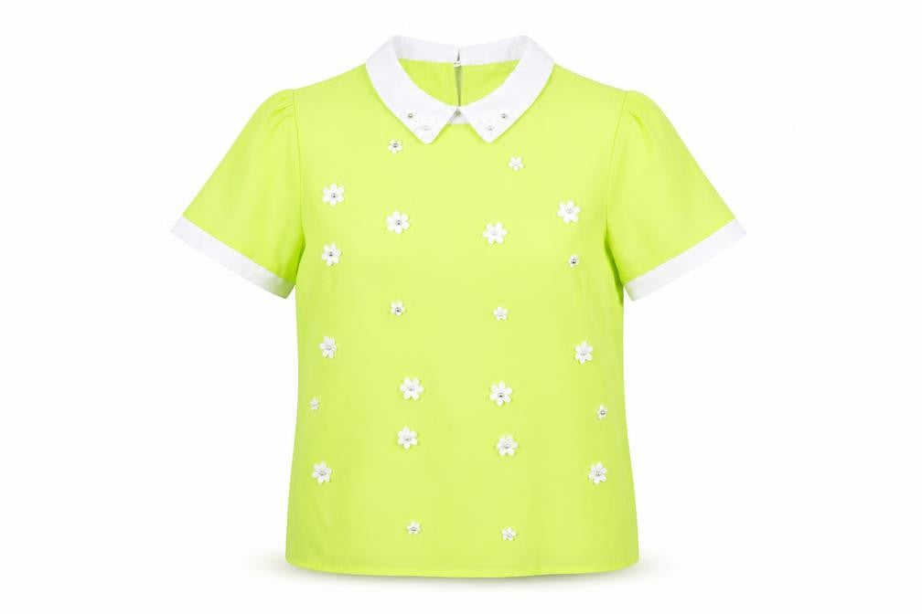 Savida Women's Yellow Floral Collared Short Sleeve Blouse Size 12