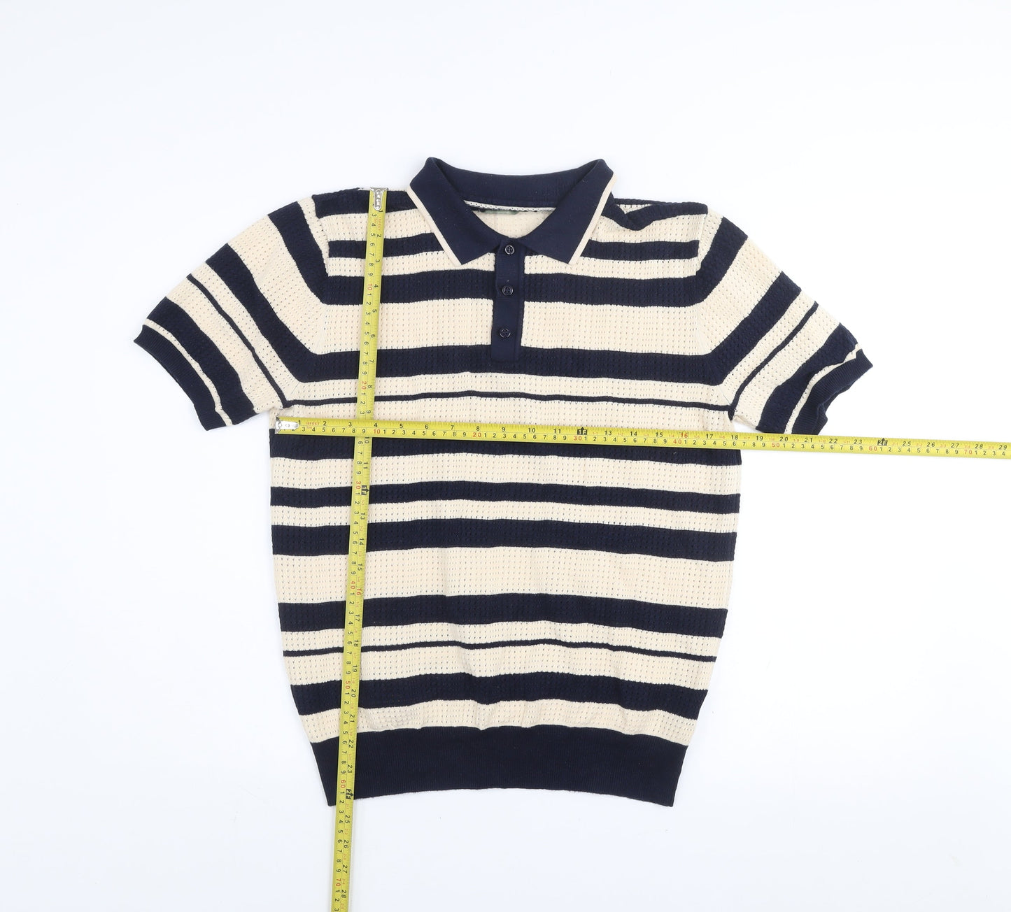 Moncrief London Men's Beige & Navy Striped Knit Polo Shirt Size M