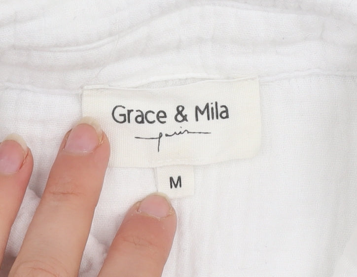 Grace & Mila Women White Cotton Button-Up Sleeveless Shirt M